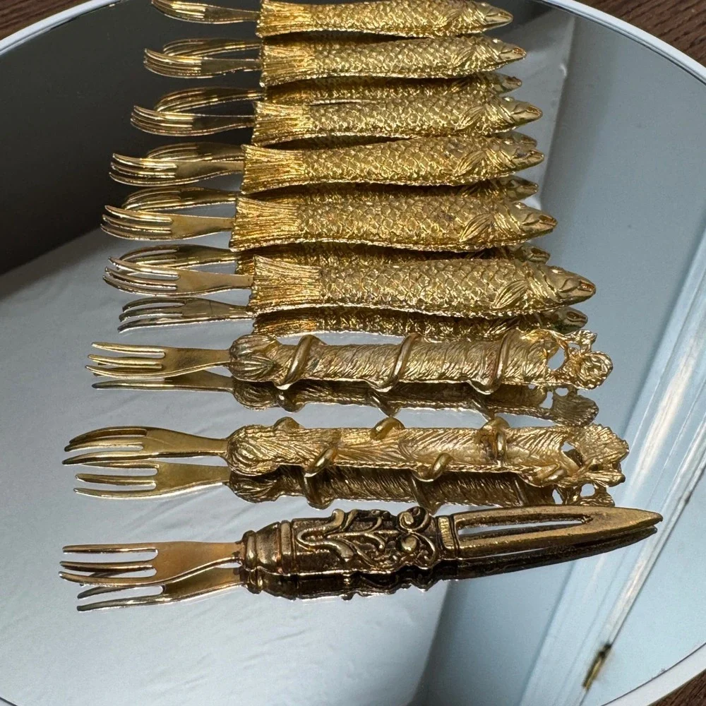 Vintage Florentine Style Cocktail Forks Set Gold Tone Fish 9 Mid Century 208g